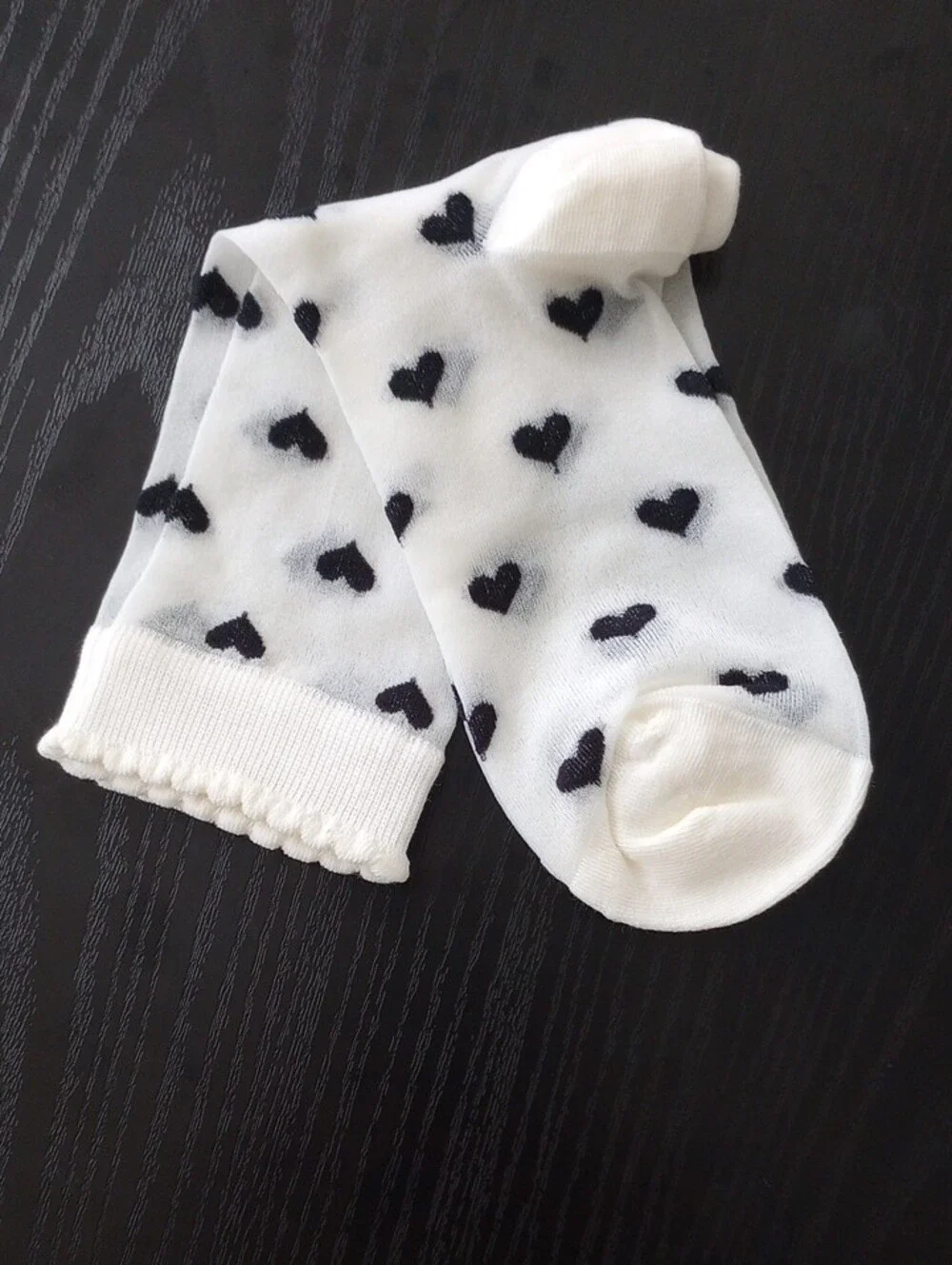 Cream Off White Crew Sheer Mid calf Socks with Black Heart Pattern